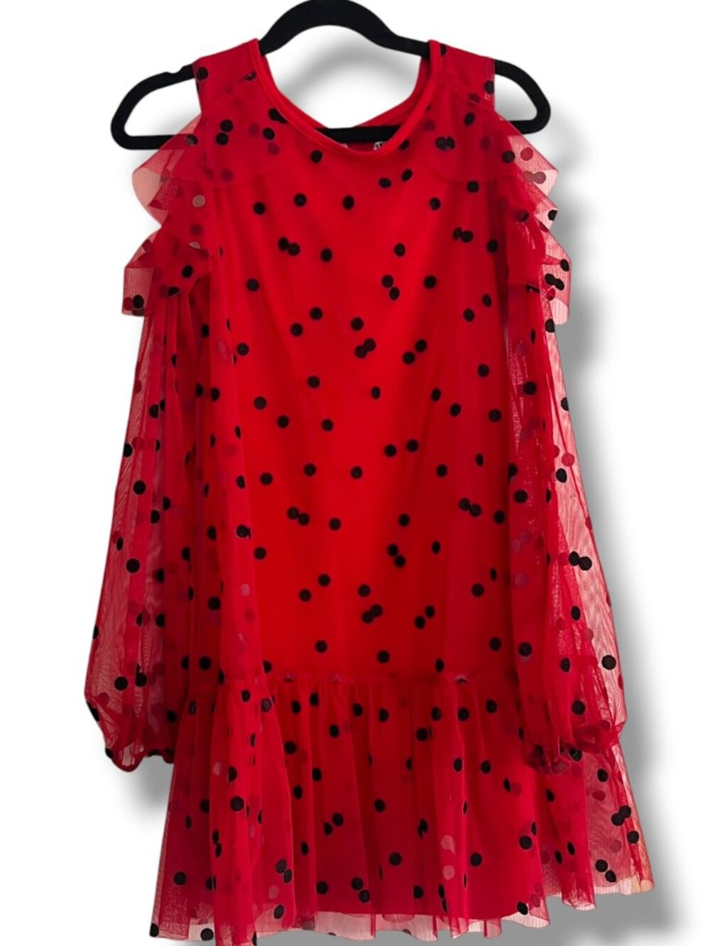 Epic Threads Red Tulle Dress Velour Black Polka Dots Cold Shoulder Ladybug Sz M